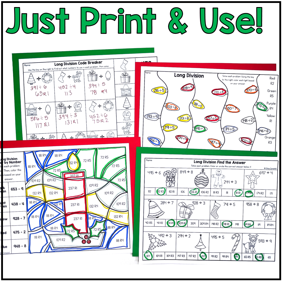 long division with remainders colornumber christmas math
